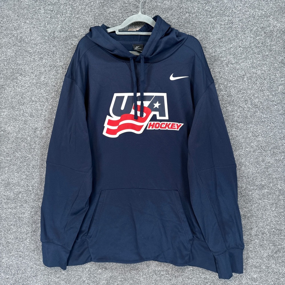 Nike USA Hockey Hoodie Mens 2XL XXL Navy Blue Dri-FIT Therma Pullover Sweatshirt